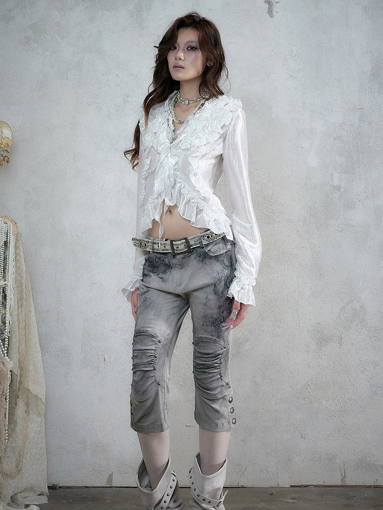 Shimmery White Ruffle Decorated Long Sleeve Blouse with Tie-Back Waist Cinch - NO ROMANCE
