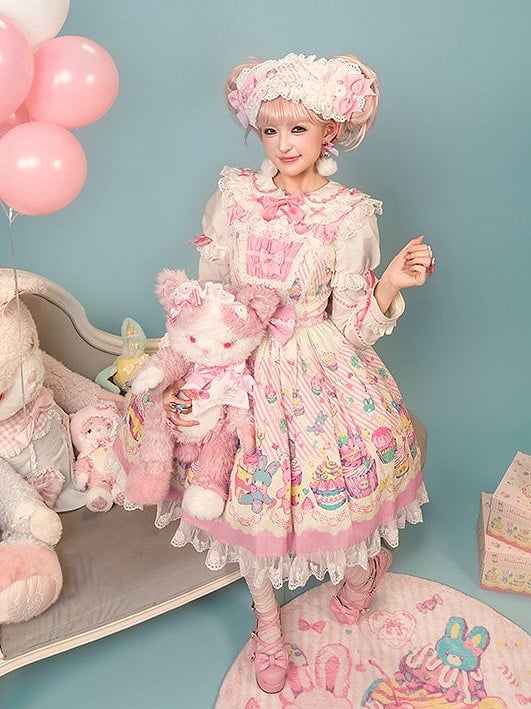 Flutter and Lace Prints Sweet JSK Pink Dress White Trim Sleeves with Lolita Cupcake