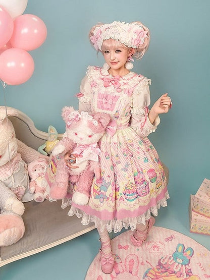Flutter and Lace Prints Sweet JSK Pink Dress White Trim Sleeves with Lolita Cupcake
