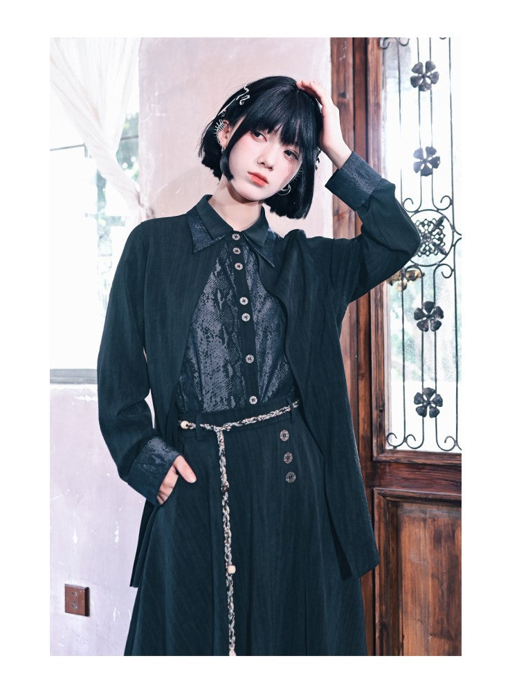 Black Collar Double-layered Shirt Gothic Snake Patchwork Print with Cheongsam