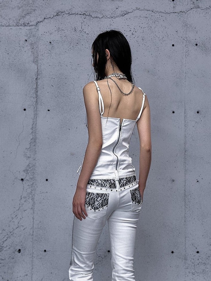 White Rock Studded with Straps Cami Accents Buckle Punk Top