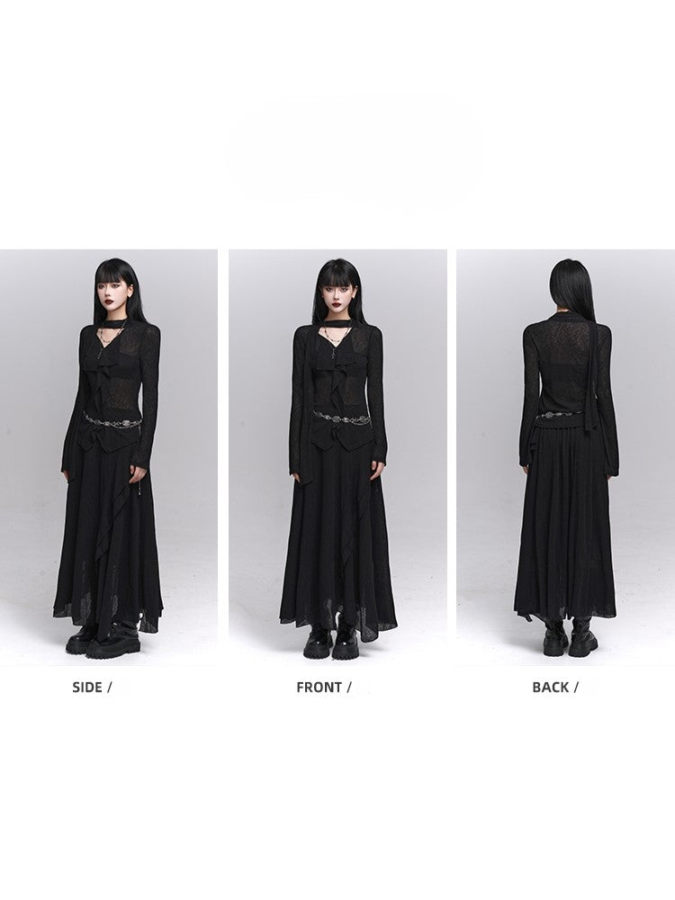 Gothic Black Maxi Skirt with Asymmetrical Draping and Elastic Waist - Lady Ghost