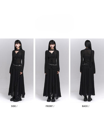 Gothic Black Maxi Skirt with Asymmetrical Draping and Elastic Waist - Lady Ghost