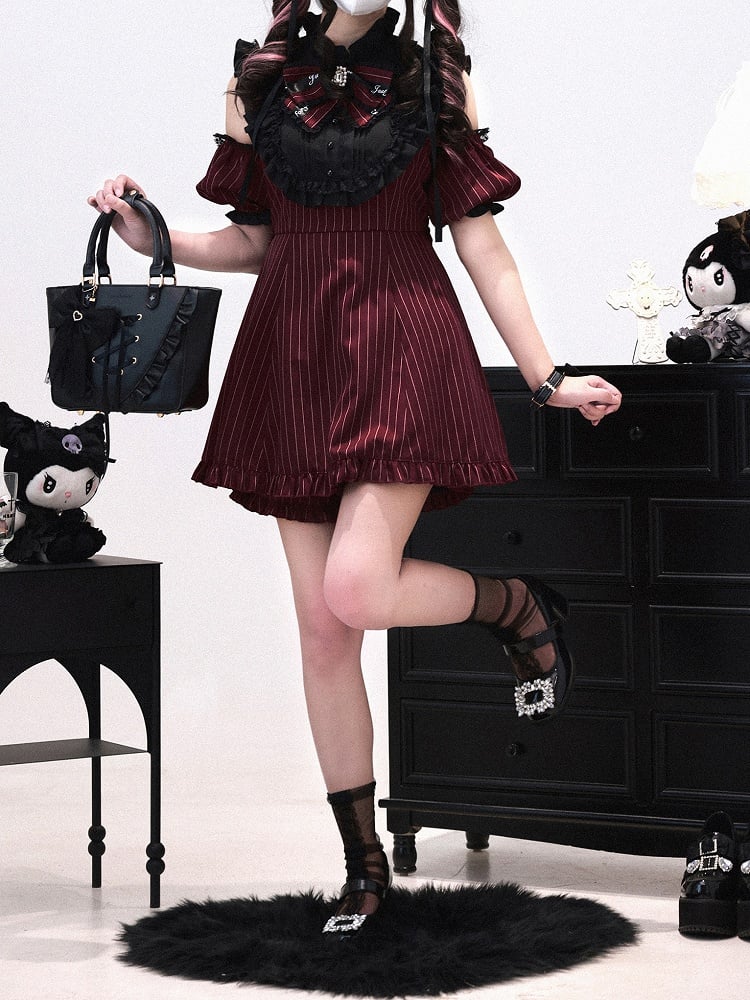 Shorts with Versatile Coord Sleeves Kei Set: Red Wine Striped Modular Matching Jirai Dress