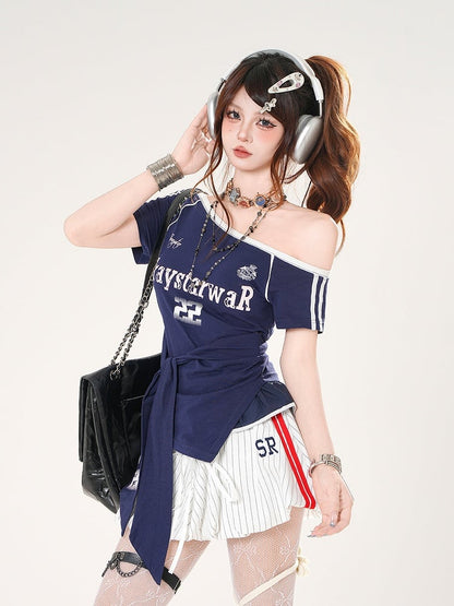 Red/Blue Straps at Waist Asymmetrical Neckline Blokette Core T-shirt Self-tie