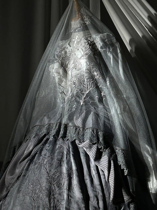 Lolita Spitze Floral Bestickte Trim Schwarz/Grau/Braun Schleier mit