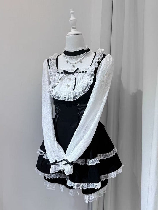 Choker Jirai Design Trim Long Dress Lace + With Set Black Matching Shorts White Kei Bead Sleeve Chain