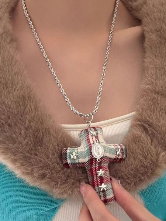 Halskette Y2K Stoff Kreuz Anhänger