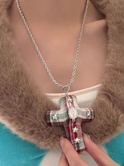 Halskette Y2K Stoff Kreuz Anhänger