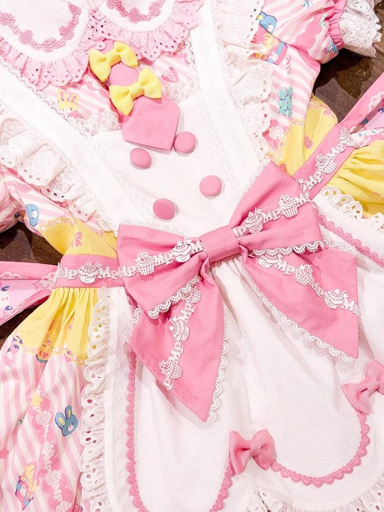 and Dress Print Maid Peter Pan Yellow Lolita Pink Bunny Cupcake Collar