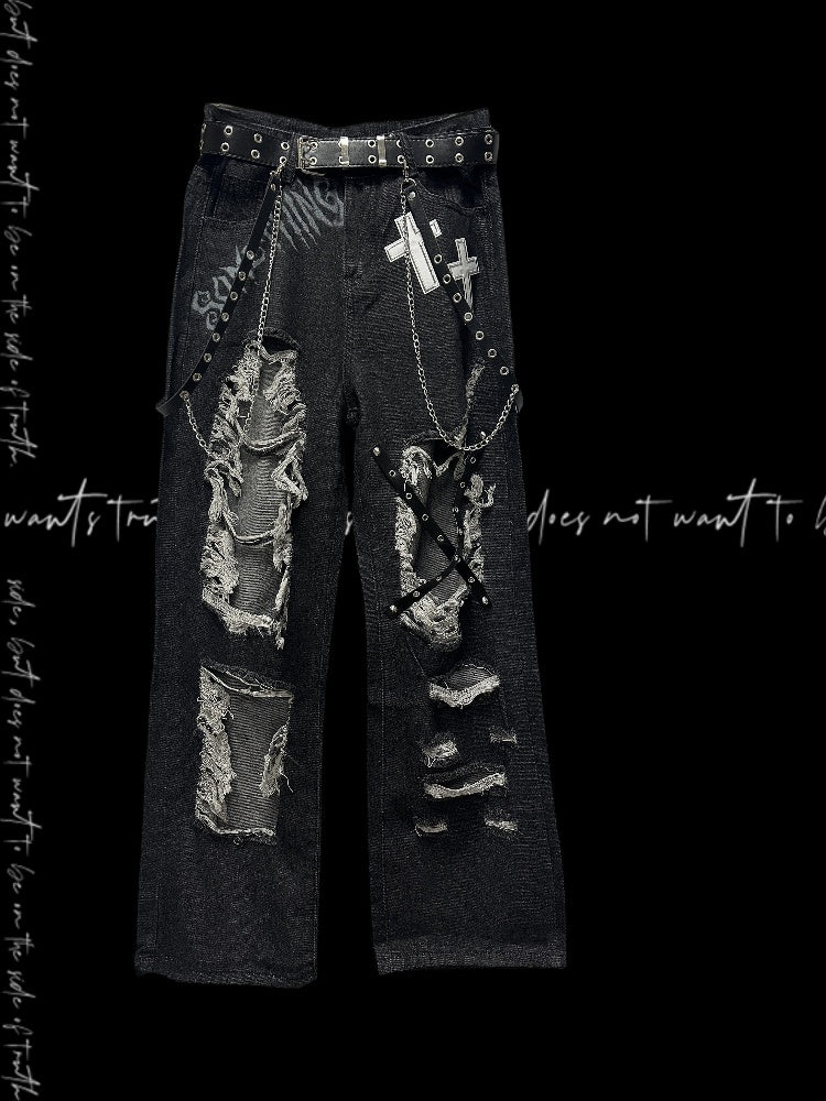 Y2K Black Cross Appliques Jeans Glamorous Criss-cross Straps Distressed Holes