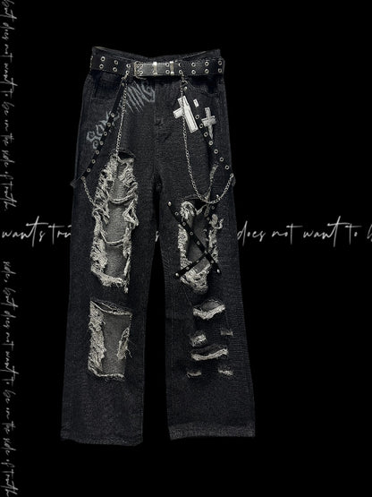 Y2K Black Cross Appliques Jeans Glamorous Criss-cross Straps Distressed Holes