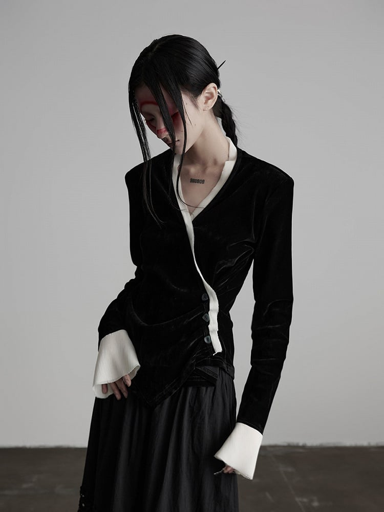 Cardigan Asymmetrical-Button V-Neck Urban Goth Velvet Black White