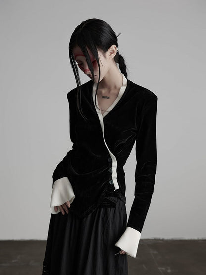 Cardigan Asymmetrical-Button V-Neck Urban Goth Velvet Black White