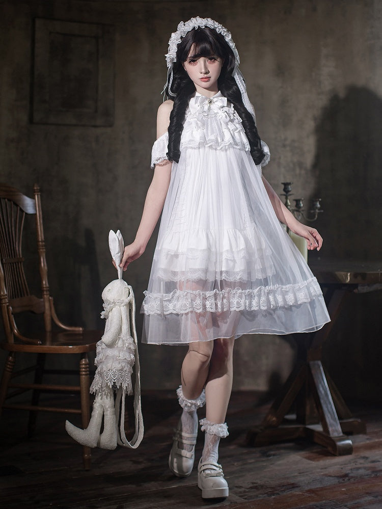 White Landmine Style Cutout Shoulder Dress with Sheer Overlay, Lace and Bow Tie - Ekomi