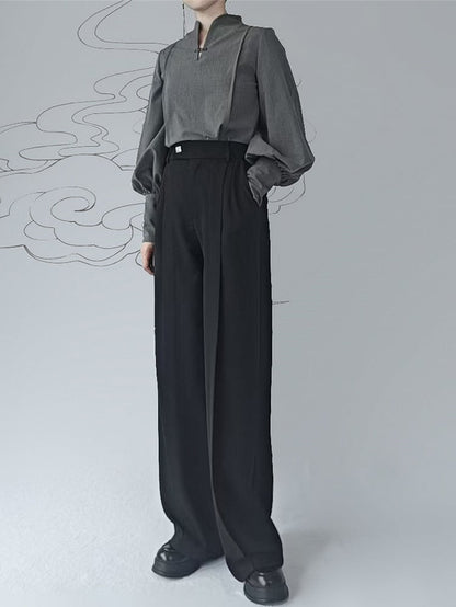 Chinese Collar Balloon Style Design Button - Frog Gray Mandarin Sleeves Blouse