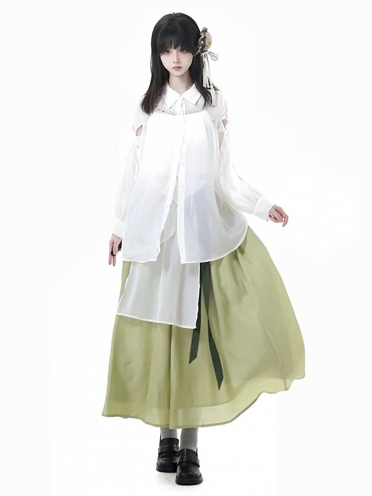 Weißes, transparentes Hemd im Chiffon-Stil, langärmelige Version, schmetterlingsförmiger Ausschnitt, Cheongsam