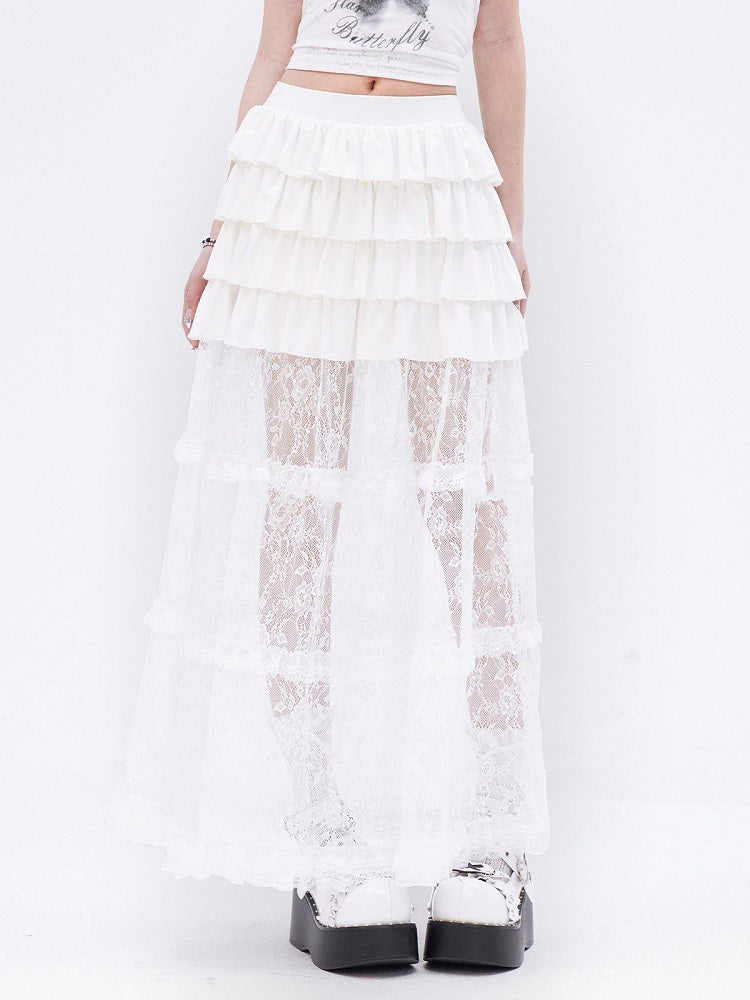 ホワイトレースフリル裾ティアードロングスカート
