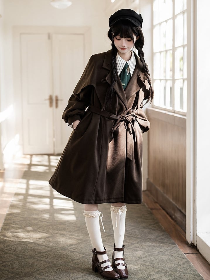 Quilted Coat Vibes Little with Dark Brown Cape Design Lining Academia Cotton Detective