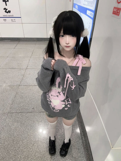 Print Sweater Pink with Gray Lace Off-Shoulder Rabbit