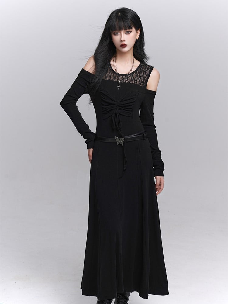 Gothic with Black Two-Piece Neckline Lace Embroidered Dress Faux