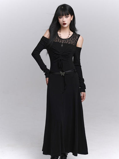 Gothic with Black Two-Piece Neckline Lace Embroidered Dress Faux