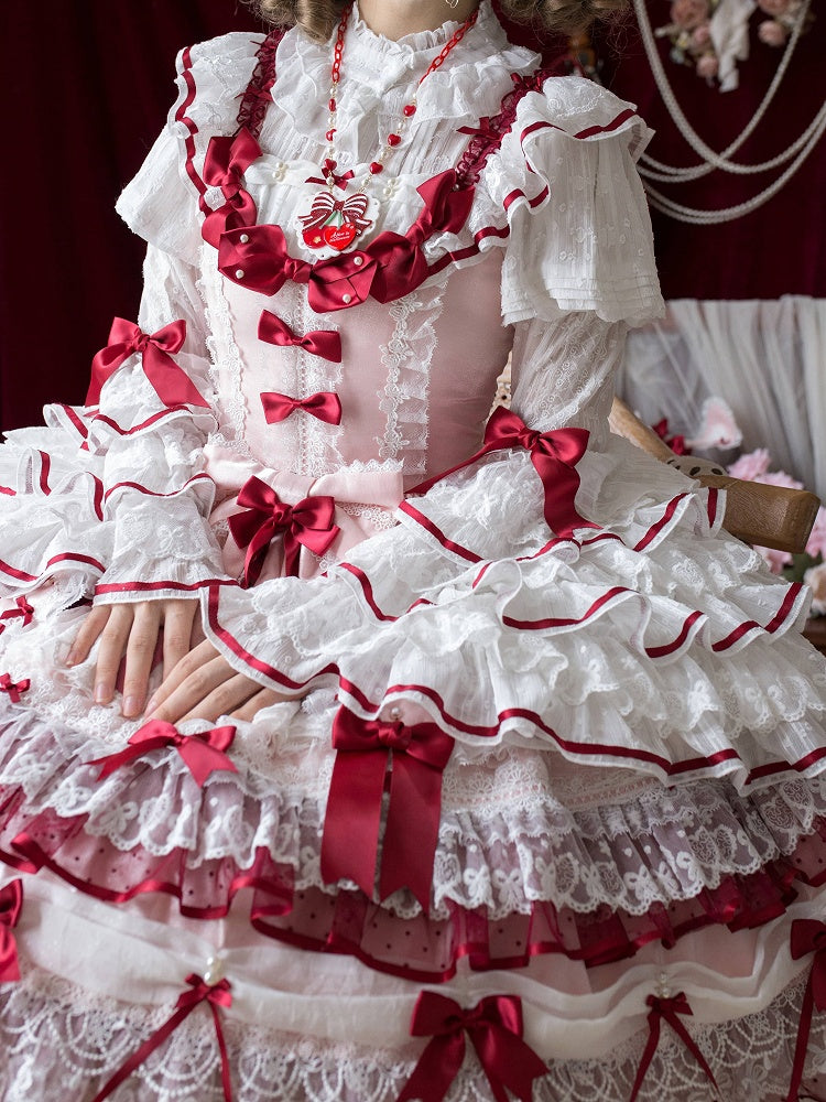White Ruffled Neck Lolita Tiered Bell Sleeves Blouse Red Bows - Starry Messenger