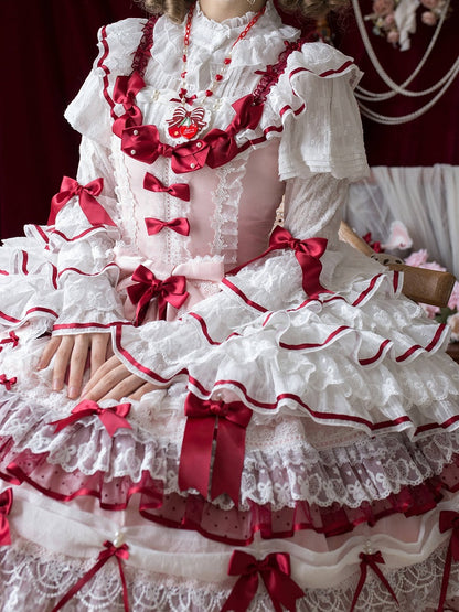 White Ruffled Neck Lolita Tiered Bell Sleeves Blouse Red Bows - Starry Messenger
