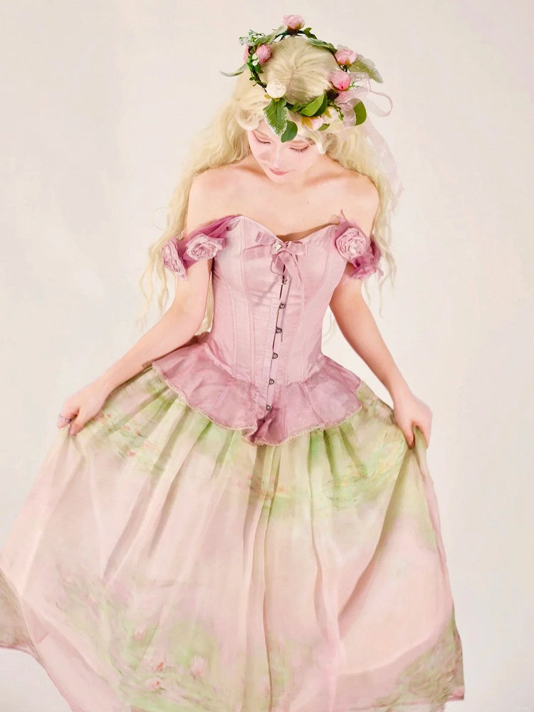 Korsagen-Top mit abnehmbarem Blumenschmuck, Saumvolant, Rosa