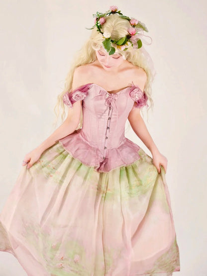 Korsagen-Top mit abnehmbarem Blumenschmuck, Saumvolant, Rosa