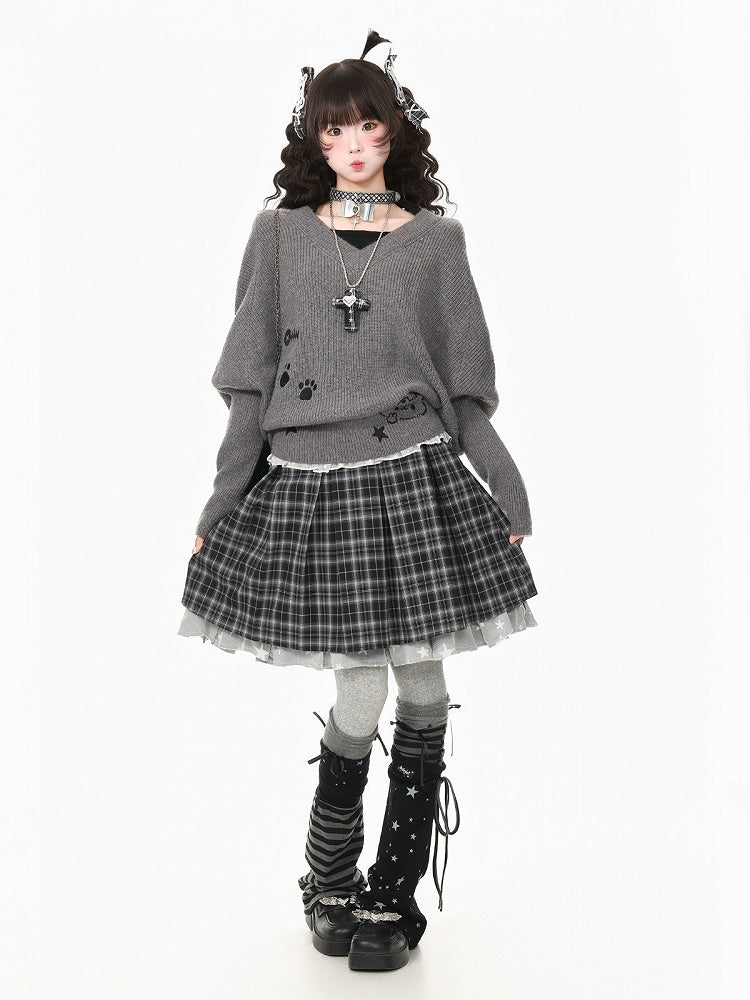 Dark Gray Two-Piece Look Batwing Sleeve Sweater with Kitten Themed Embroidery - Languid Park