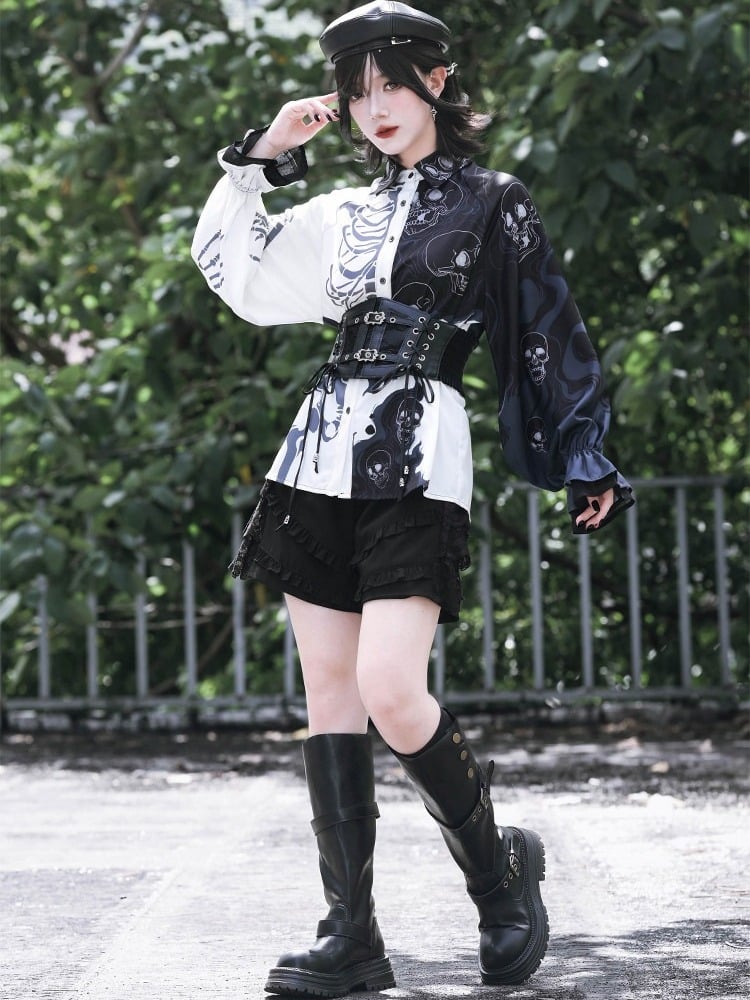 Gothic Black and White Balloon Sleeve Shirt with Asymmetric Skeleton Print - Quirky Hut