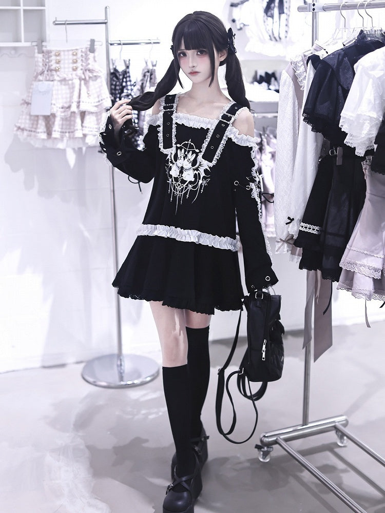 Bunny Print Black Off-Shoulder Long-Sleeve Jirai Kei T-Shirt Dress with Ruffles - Ekomi