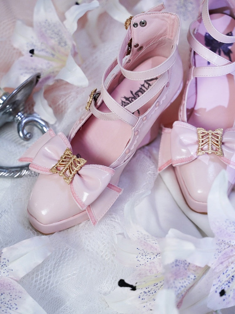 Pink Gothic Lolita Polished Shoes with Butterfly Bow & 10cm Slope Heel - sphenoid