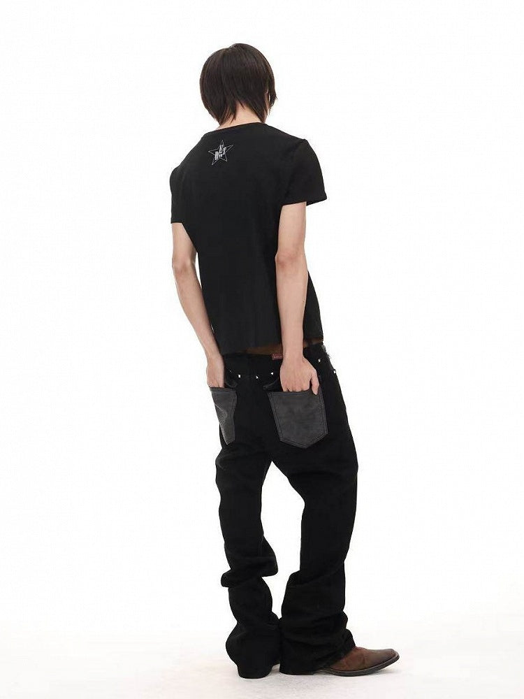 Black Round Neck T-Shirt with Letter Print - DETW OnLine