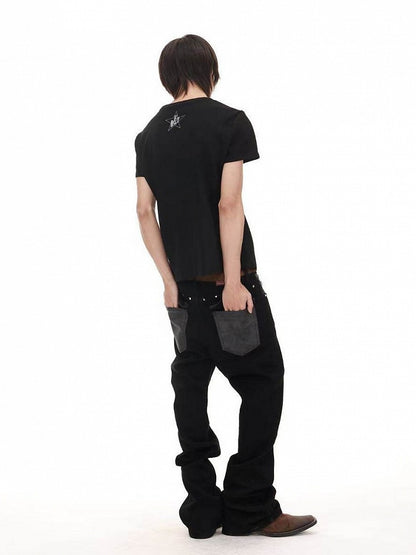 Black Round Neck T-Shirt with Letter Print - DETW OnLine