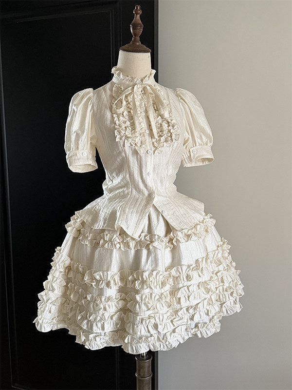 Beige Ruffle Short Puff Sleeve Striped Lolita Blouse - Flower Fairy Daily