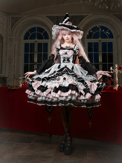 Witch-Themed Cross Accent Lolita JSK Full Ensemble in Black and Pink with Bow Train, Cape, Detachable Sleeves, Hat and Outer Sleeves - Felinae Cookie