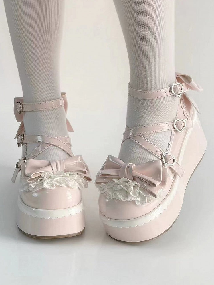 Lolita Platform Upper Lace Tiered Bow - Pink Top Mary with Janes