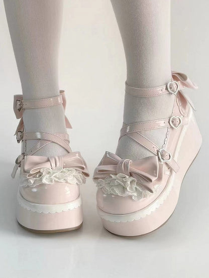 Lolita Platform Upper Lace Tiered Bow - Pink Top Mary with Janes