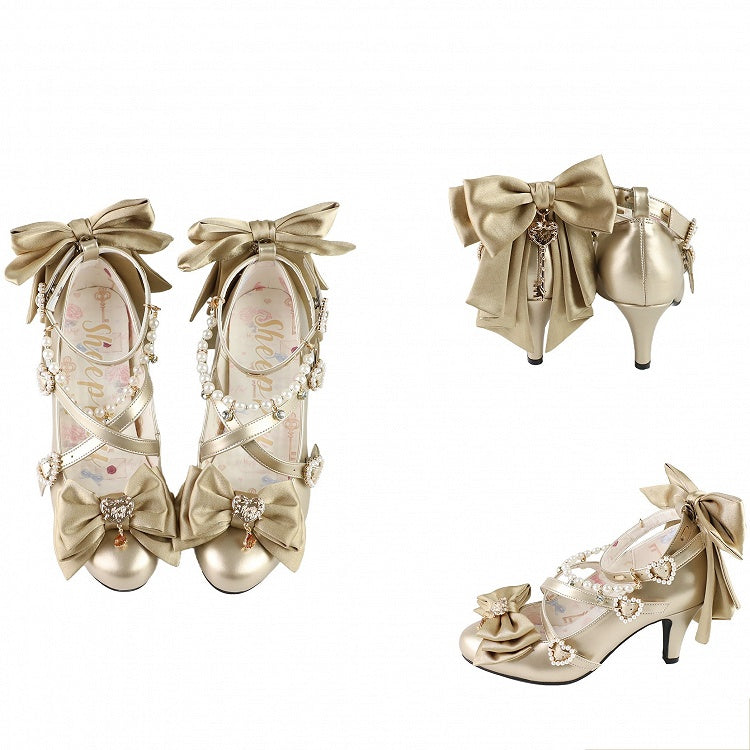 Gold Heart at Top Bow Charm Design Crisscross Beaded Decorated