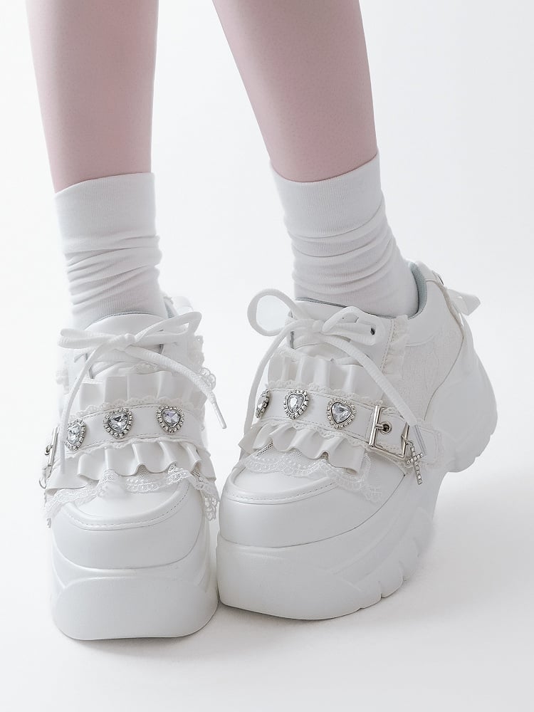 Lacing Crystal Kei Heart Back Jirai Shoes - Platform White