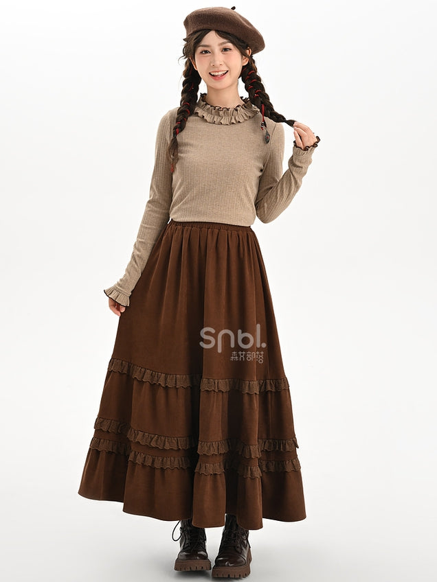 Brown Lace Trim Ankle Length Skirt