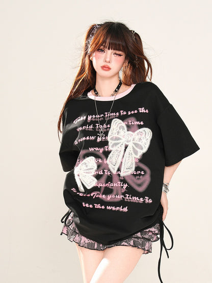Black/White Lace Bow Appliques Drawstring Waist Sweet Graphic T-Shirt