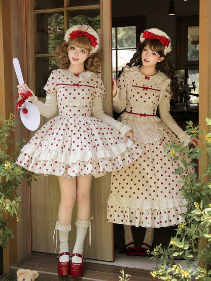 Beige and Red Dotted Puff-Sleeve Lolita OP Set with Apron and Bonnet - With PUJI