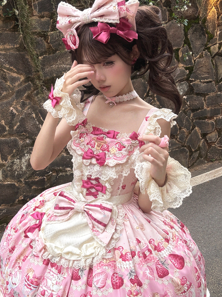 Beige Lace Sweet Lolita Wrist Cuffs with Pink Bows - B.Dolly
