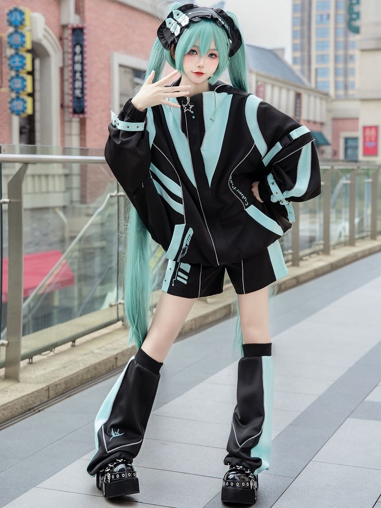 Jambières Cyberpunk noires et vertes Jirai Kei