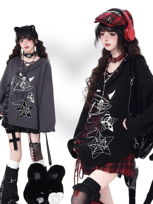 Black/Gray Lace-Up Sweater with Spiderweb Pentagram  Choker Print Gothic