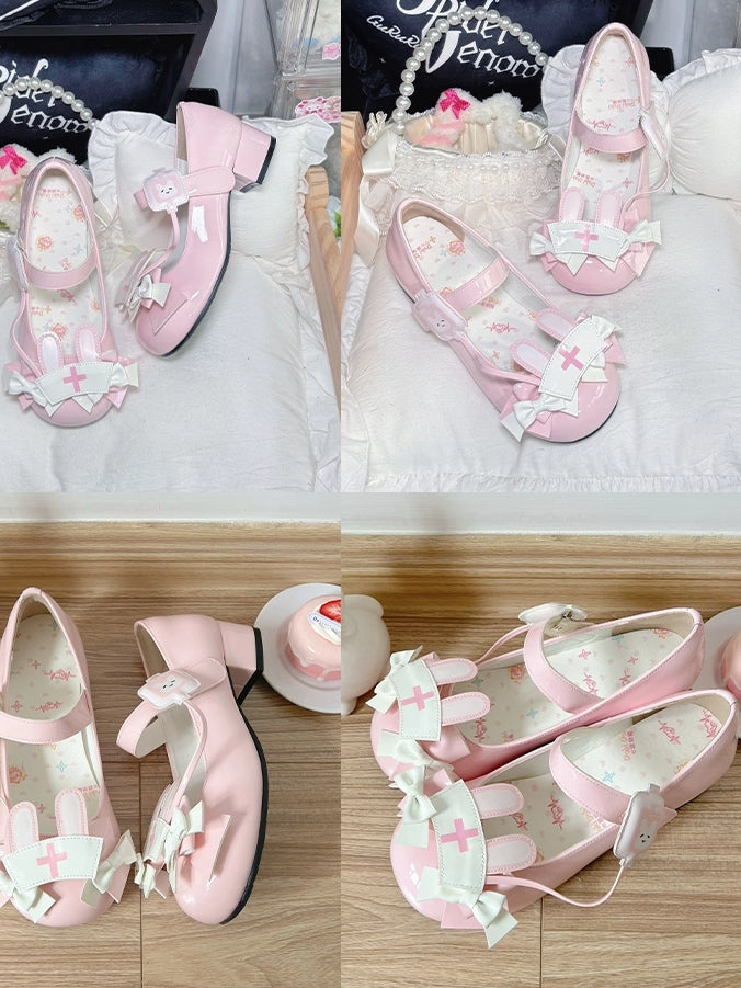 PU Pink Sweet Lolita Mary Janes - Medical Bunny Theme with Bow Accents & Velcro Strap Closures