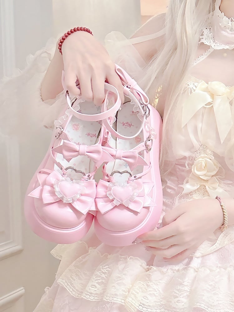 Bow Lace - Trim Heart Platform Details Janes Accents Sweet PU Pink Mary with Lolita